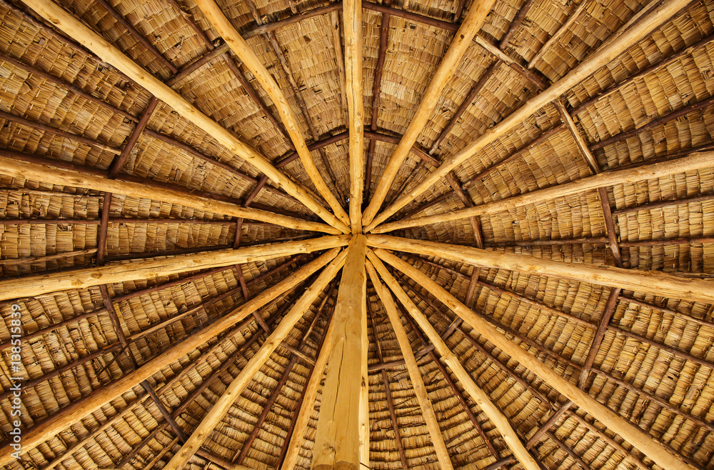 The roof structure is made of wood