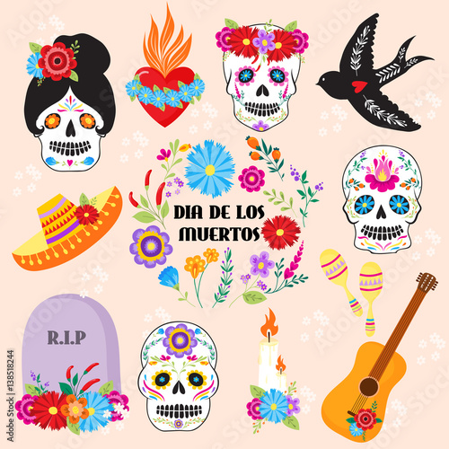 Colorful symbols Dia De Los muertos holiday day of the dead vector.