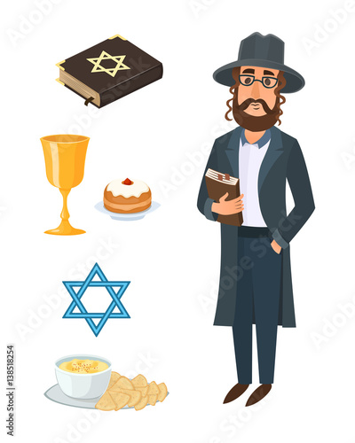 Judaism church traditional symbols isolated hanukkah religious design and synagogue passover hebrew character torah menorah holiday jew vector illustration.