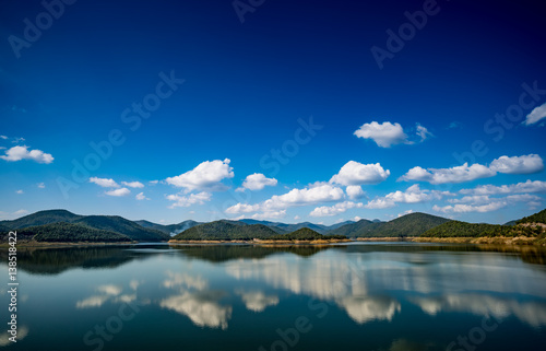 Lake with mountain and blue sky background