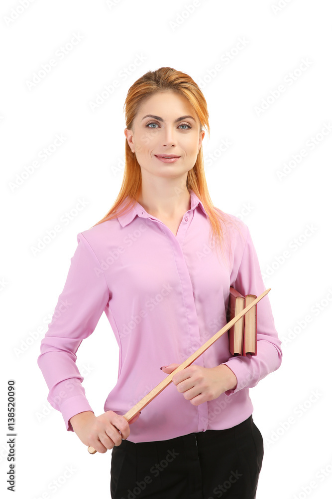 Young teacher with pointer on white background Young teacher with pointer on white background