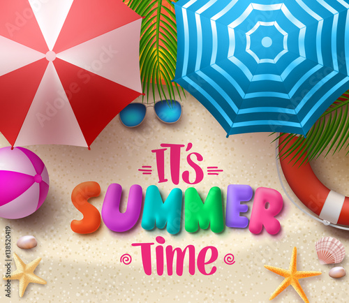 Summer time vector colorful text in the sand with beach umbrellas, objects and elements under palm leaves. Vector illustration.
