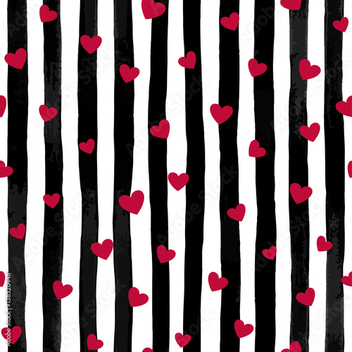 beautiful black and white seamless watercolor striped background with red hearts.