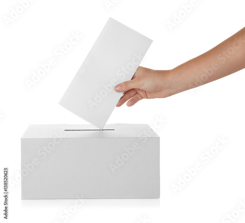Konstfotografi Female hand putting voting ballot into the box  on white background
