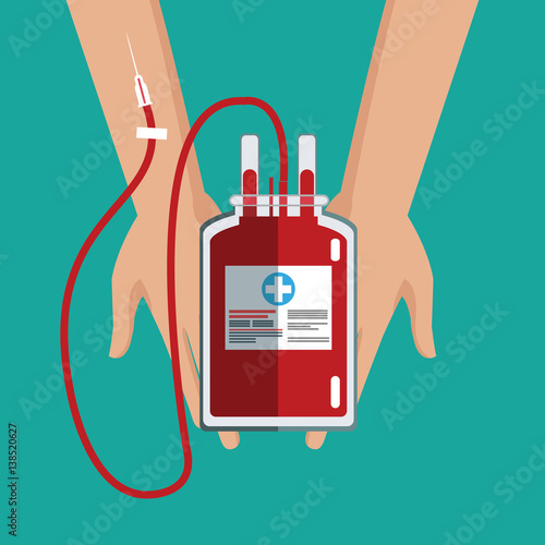 hand holding iv bag blood care vector illustration eps 10