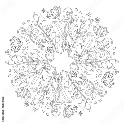 Coloring page with vintage flowers. Black and white. Handrawn ound ornament.