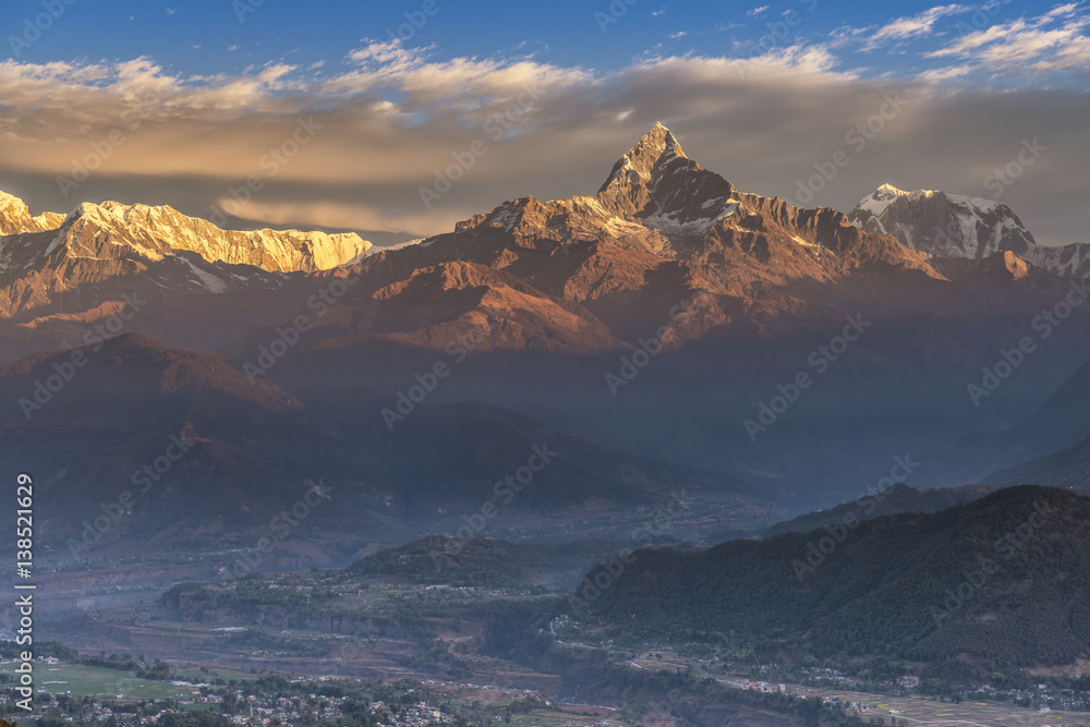 Himalayas range on sunrise from Sarangkot Nepal