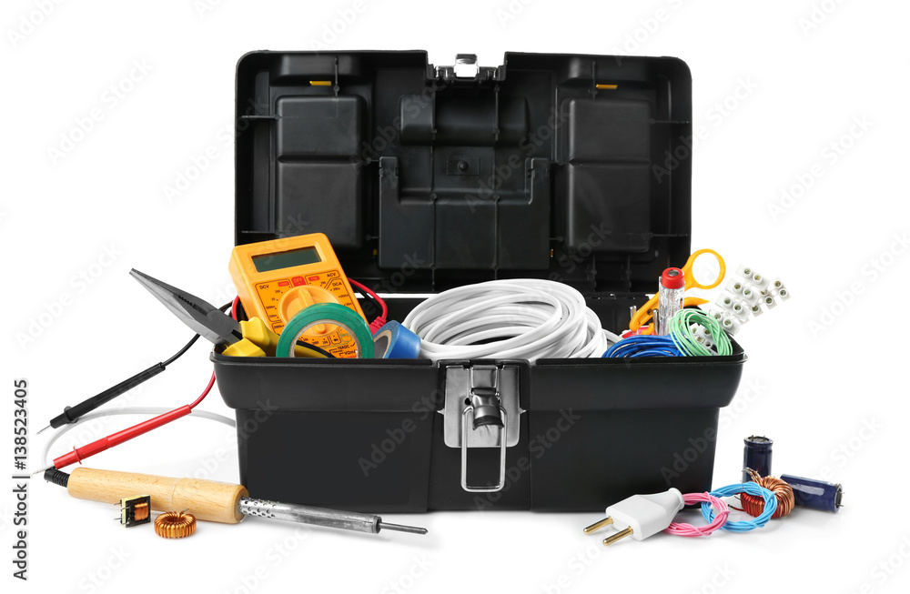 Box with tools on white background