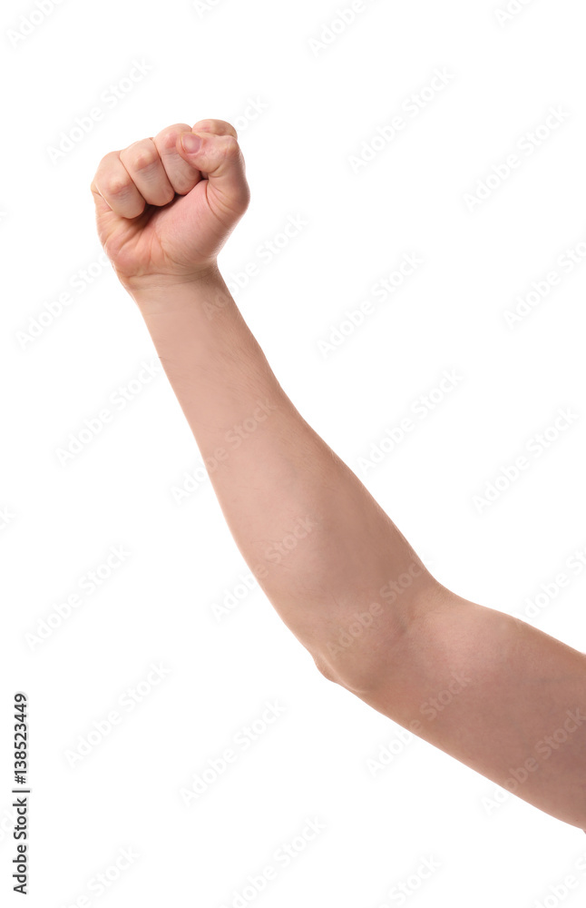 Raised male hand with clenched fist on white background Raised male hand with clenched fist on white background