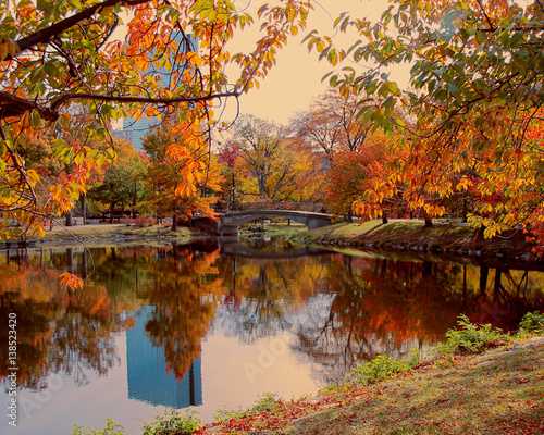 A park in Boston with water reflecting trees and a building during fall.	
