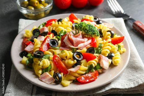 Cold pasta salad on table  closeup