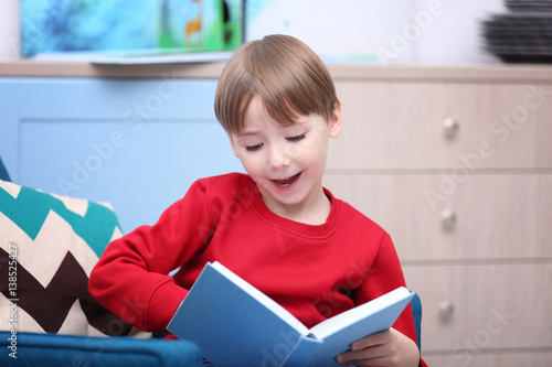 Cute little boy reading boo...