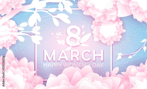8 March Happy Women`s Day in square - spring vector background with Paper cut flower. Handdrawn Floral template, Greeting card. Holiday, Origami design, Trendy backdrop for Womens and Mother's Day