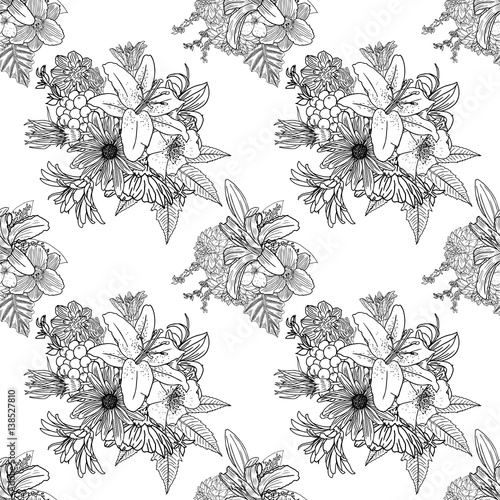 Flowers. Bouquet of different hand drawn flowers. Vintage black white and isolated, can be used as invitation, colouring book, greeting card, print Vector.