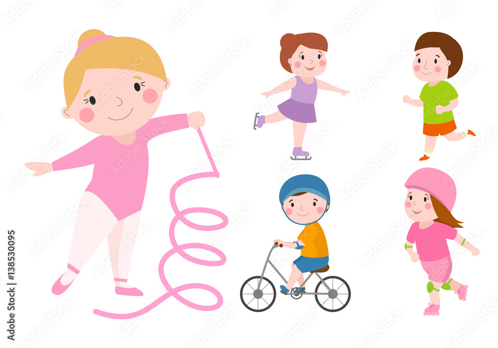 Young kids sportsmens future roller skates gymnastics isolated on white and children young winners after sport school team players vector illustration. Young kids sportsmens future roller skates gymnastics isolated on white and children young winners after sport school team players vector illustration.