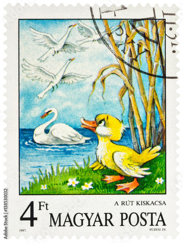 Scene from a fairy tale "The Ugly Duckling" on postage stamp