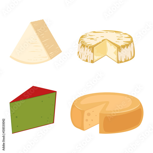 Delicious fresh cheese variety italian dinner icon flat dairy food and milk camembert piece different delicatessen gouda set isolated vector illustration.