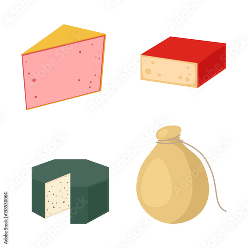Delicious fresh cheese variety italian dinner icon flat dairy food and milk camembert piece different delicatessen gouda set isolated vector illustration.