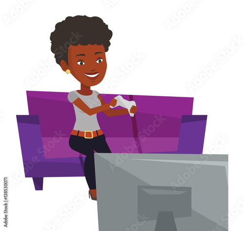 Woman playing video game vector illustration.