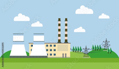 Power plant in a forest and hills. Electric wires. Vector illustration.