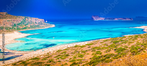 View of the beautiful beach in Balos Lagoon, and Gramvousa island on Crete, Greece.