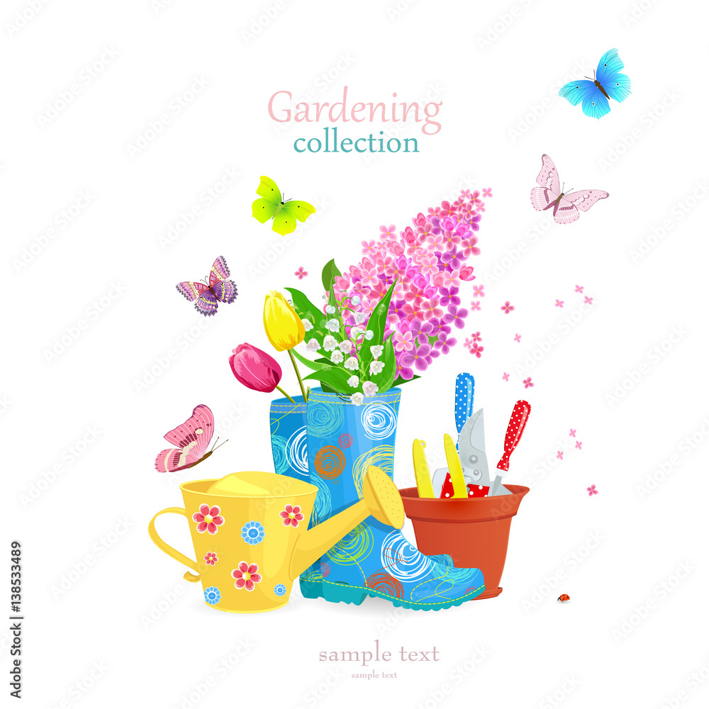 lovely gardening concept with spring flowers and flying butterfl