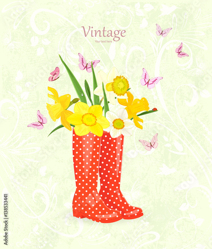 funny greeting card with bouquet of daffodils in rubber boots fo