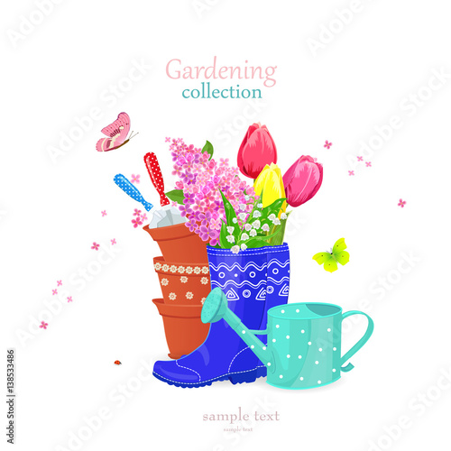 beautiful gardening collection with spring flowers