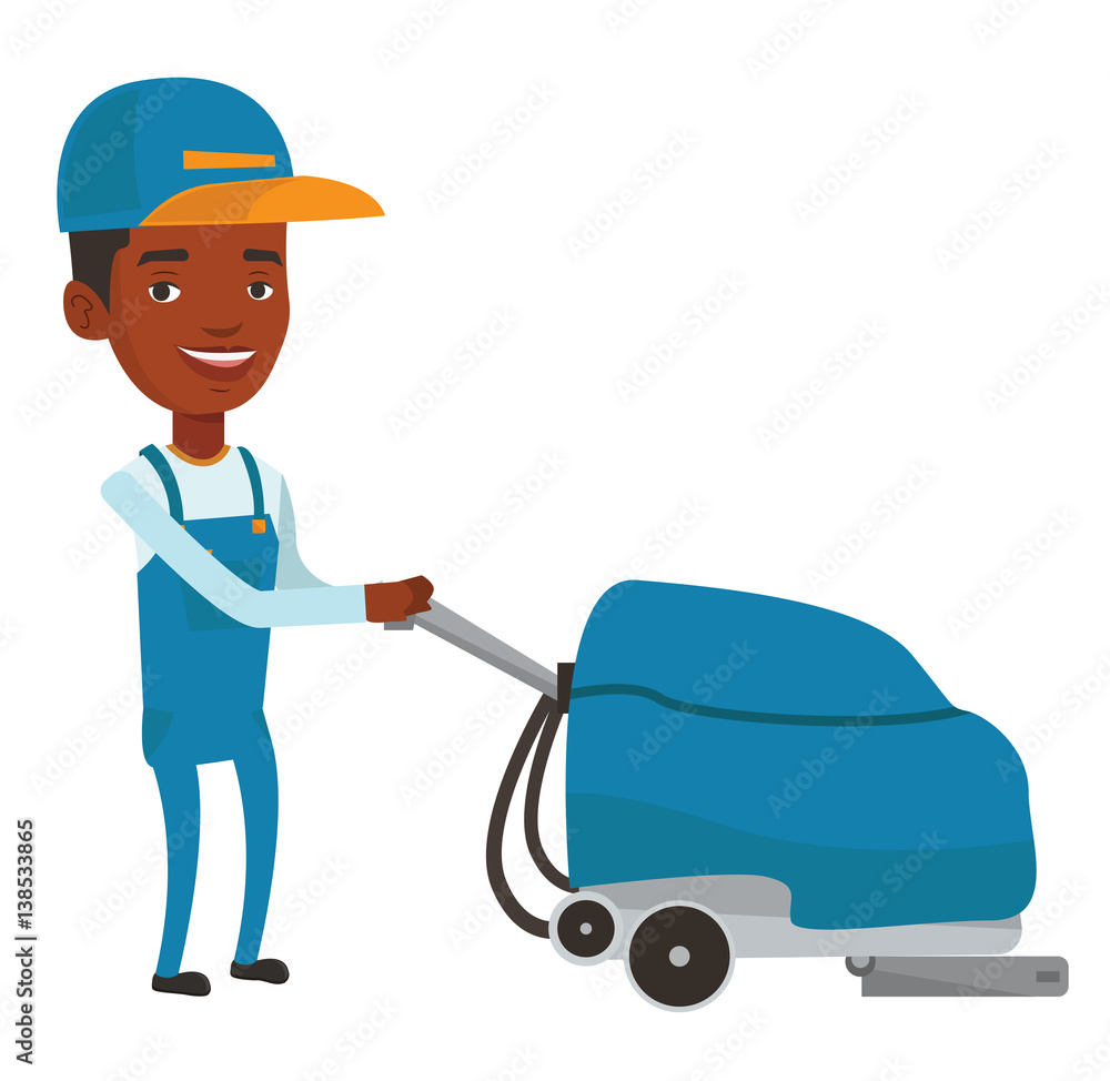 African worker cleaning store floor with machine. African worker cleaning store floor with machine.