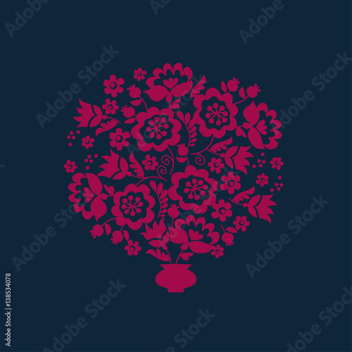 Simple floral decorative bouquet inspired by Ukrainian folk culture. Monochrome red flower silhouette stylized in naive retro