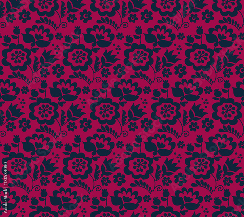 Simple floral decorative seamless pattern inspired by Ukrainian folk culture. Monochrome red flower repeatable element for cloth, fabric, background, wrapping paper