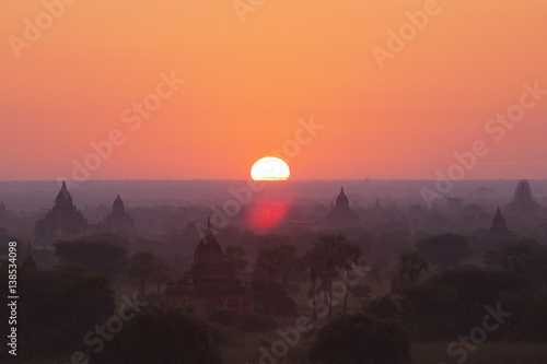 Mystical and foggy golden sunrise in Bagan, Myanmar 