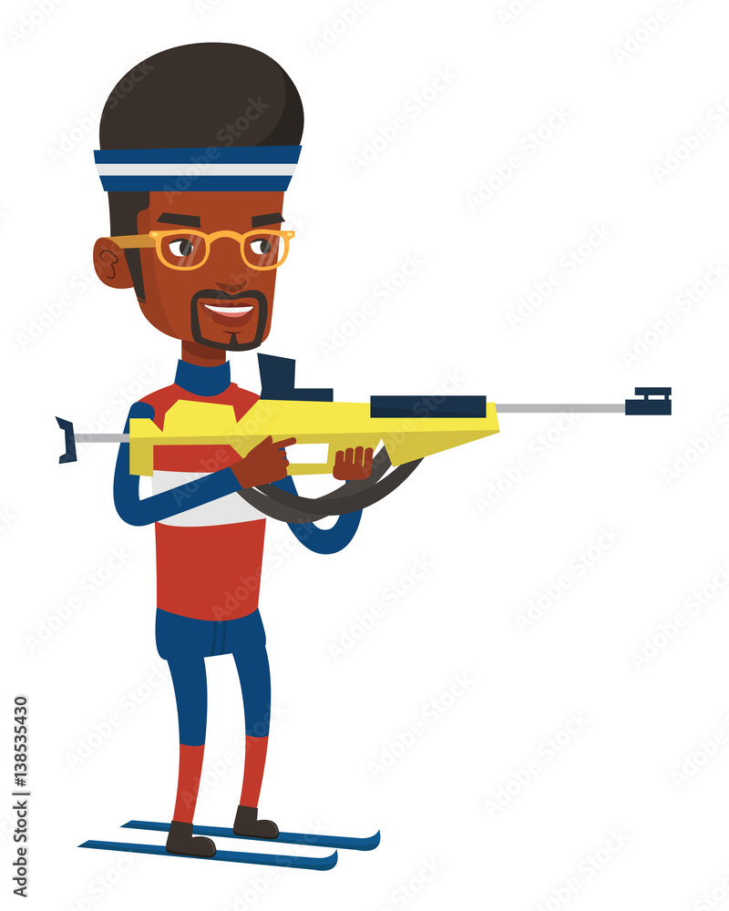 Cheerful biathlon runner aiming at the target. Cheerful biathlon runner aiming at the target.