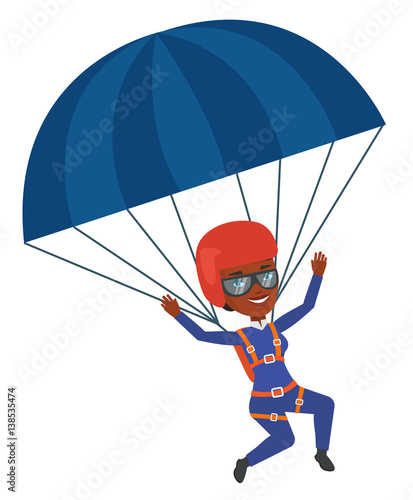 Young happy woman flying with parachute.