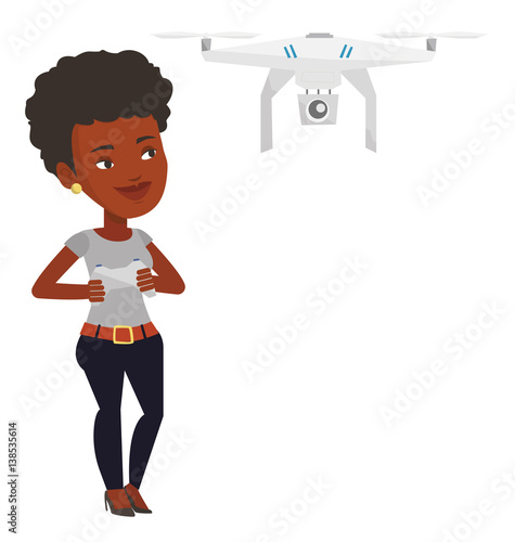 Woman flying drone vector illustration.