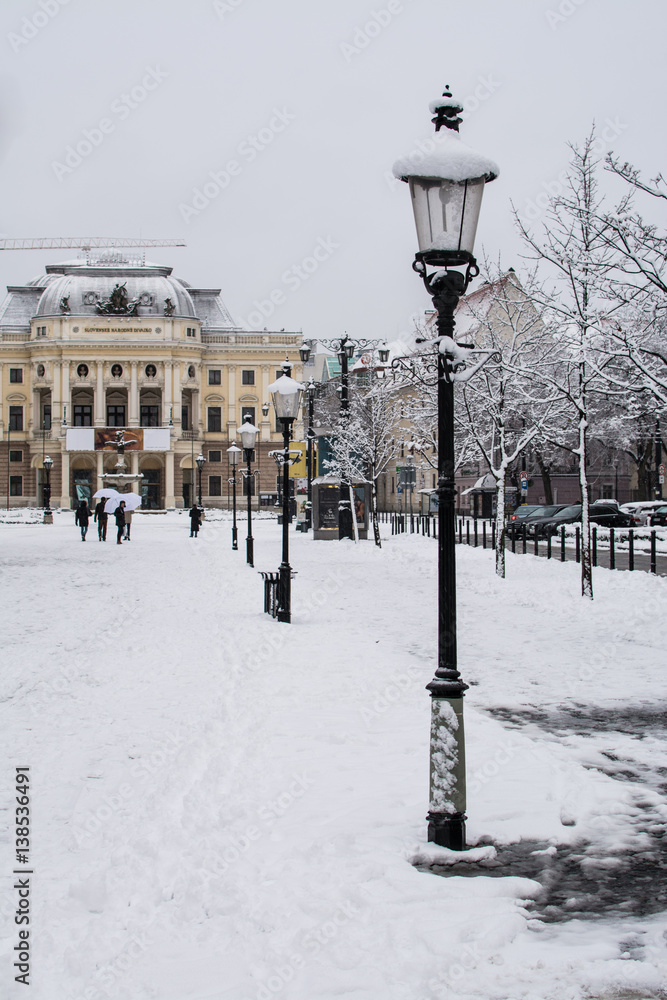 Snow and cloud weather in center city Bratislava Slovakia eastern Europe