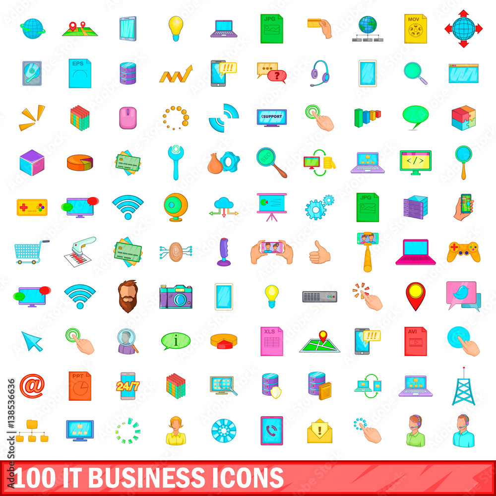 100 it business icons set, cartoon style 100 it business icons set, cartoon style