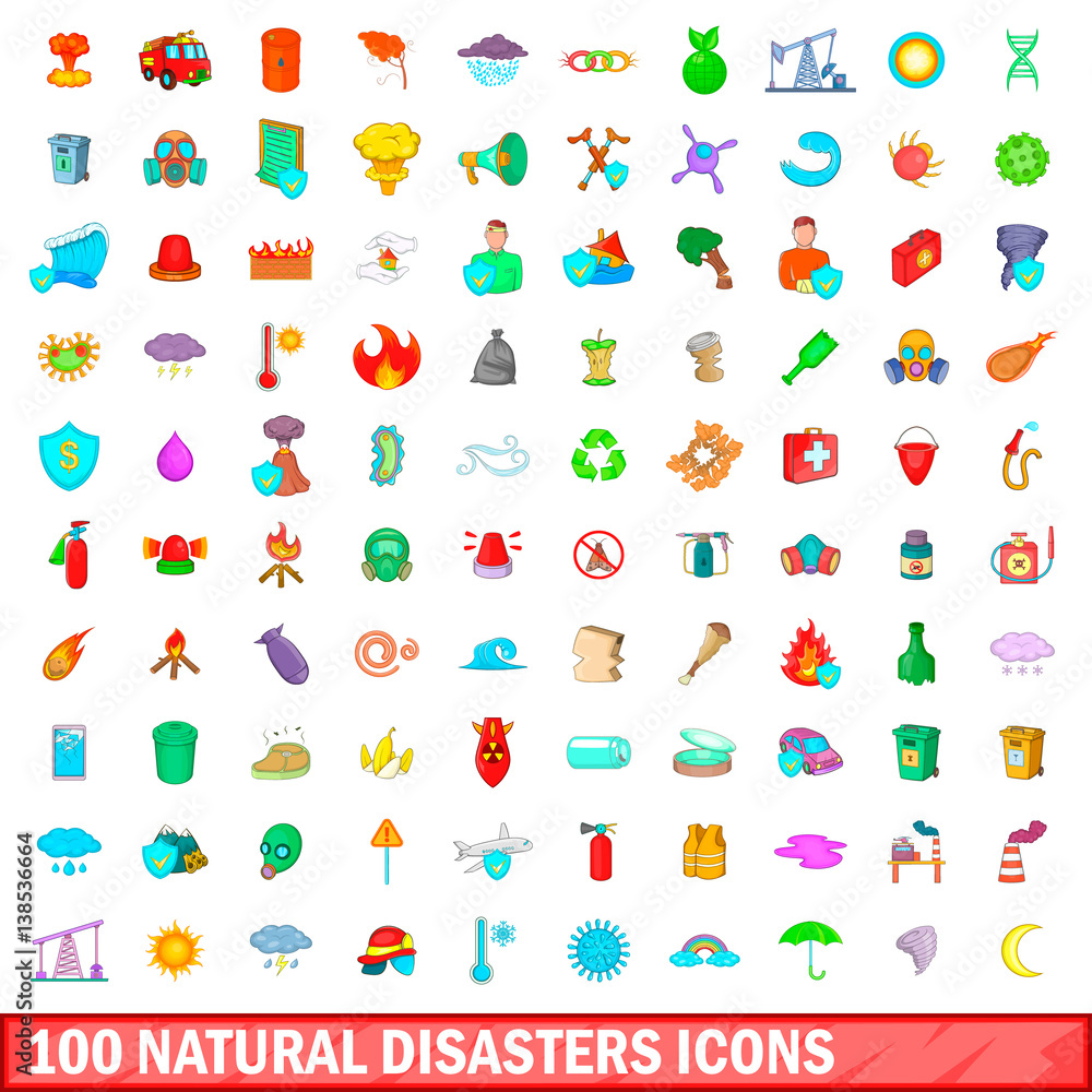 100 natural disasters icons set, cartoon style 100 natural disasters icons set, cartoon style