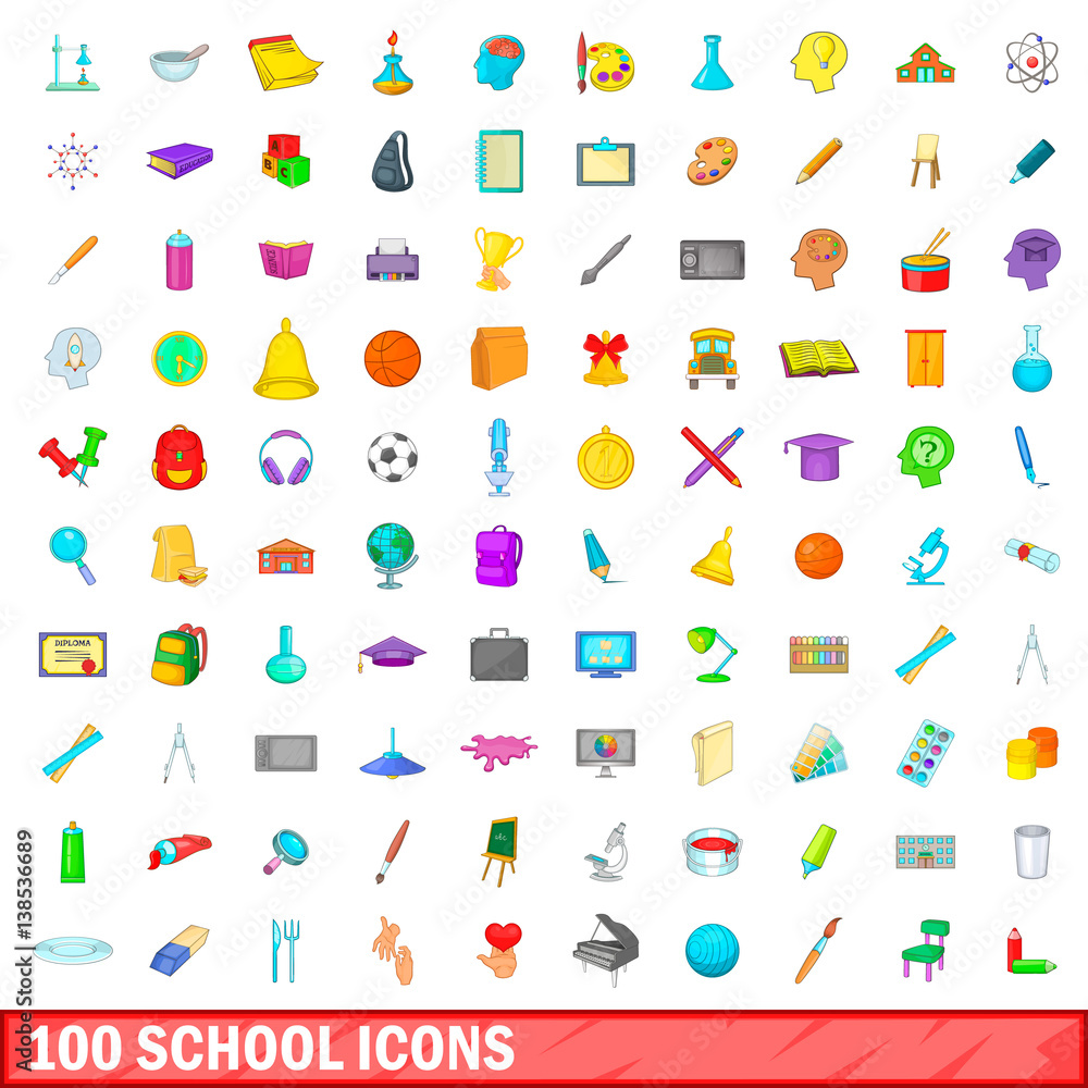 100 school icons set, cartoon style 100 school icons set, cartoon style