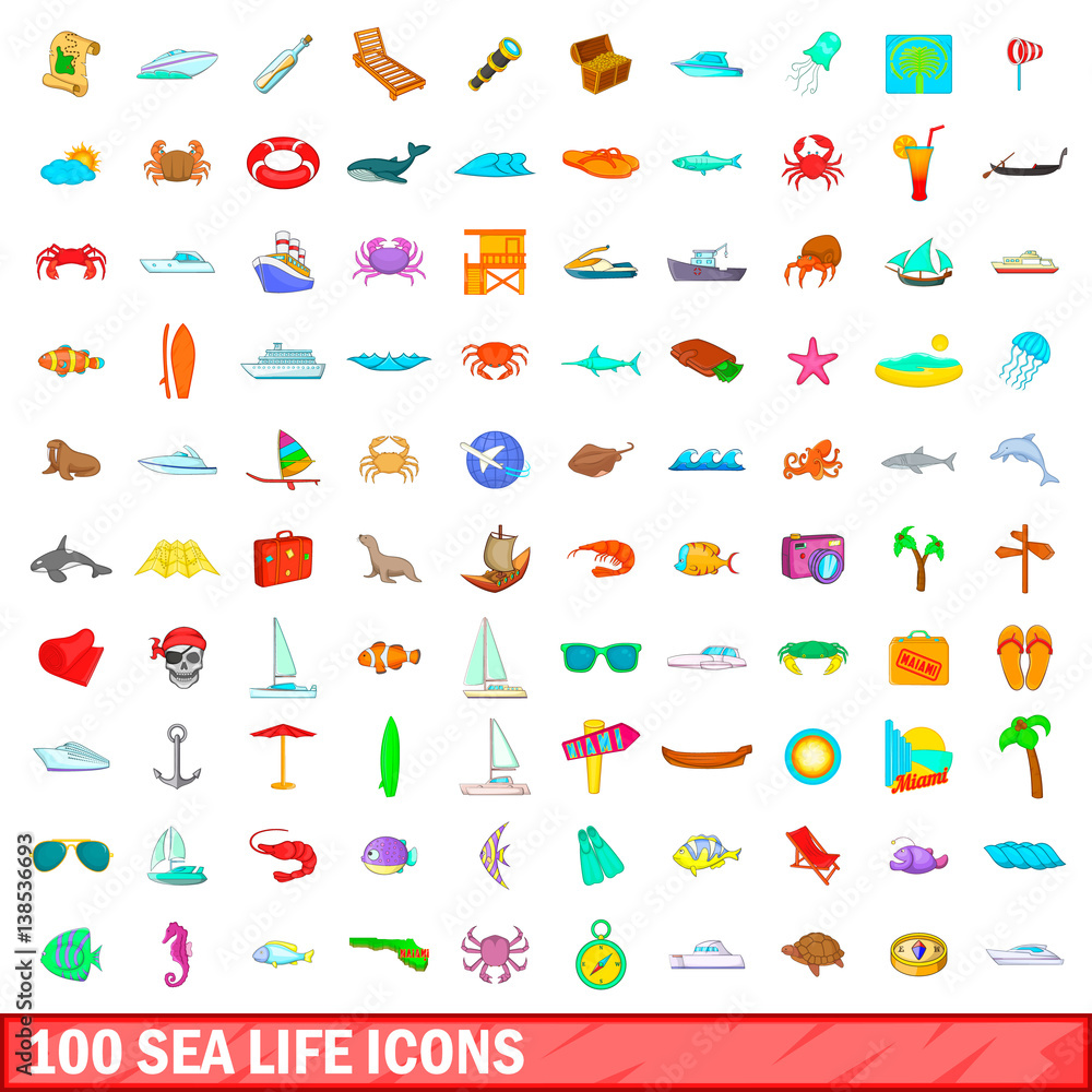100 sea life icons set, cartoon style 100 sea life icons set, cartoon style