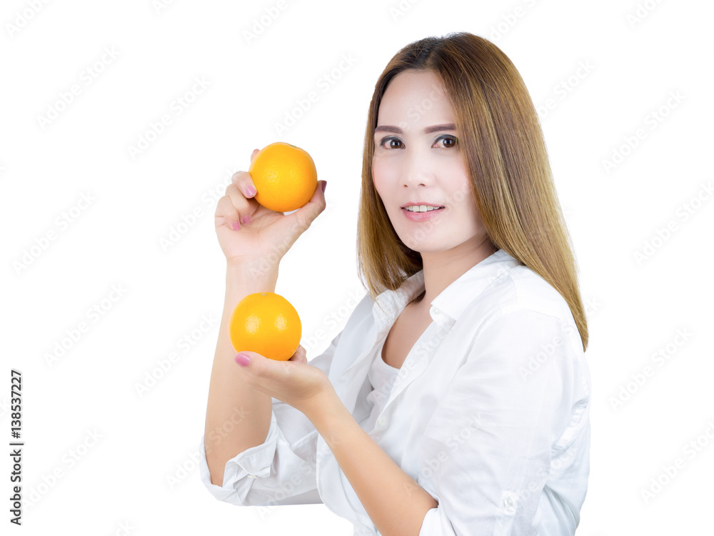 Asian Woman in white shirt smiling And holding orange, isolated on white background. Healthy Food concept. Asian Woman in white shirt smiling And holding orange, isolated on white background. Healthy Food concept.