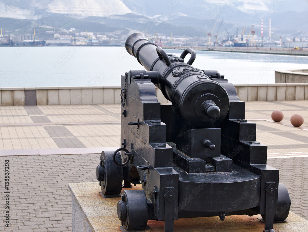Black cannon is aimed towards Tsemess Bay in Novorossiysk, Russia