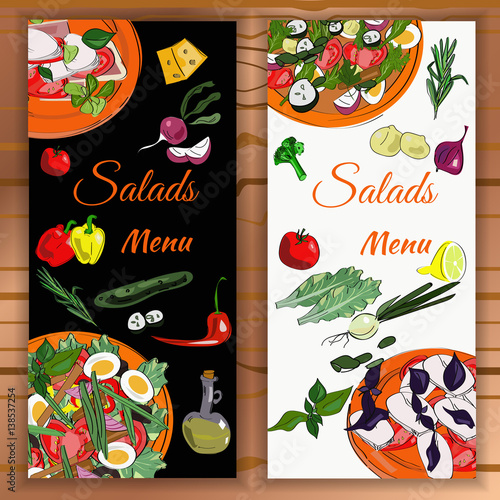 Vertical salads menu with hand drawn dishes and ingredients. Restaurant menu design.