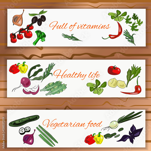 Horisontal vegetable banner with hand drawn ingredients. Vegetarian food.