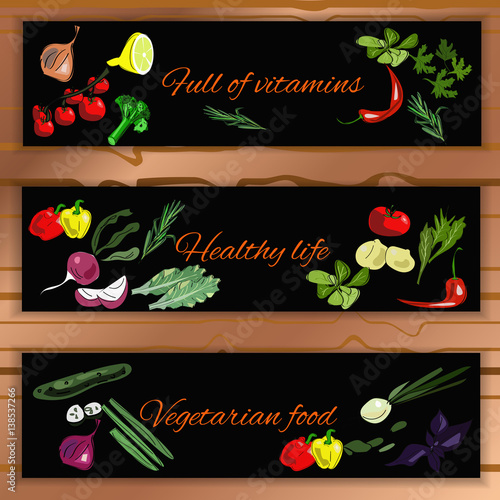 Horisontal vegetable banner with hand drawn ingredients. Vegetarian food.