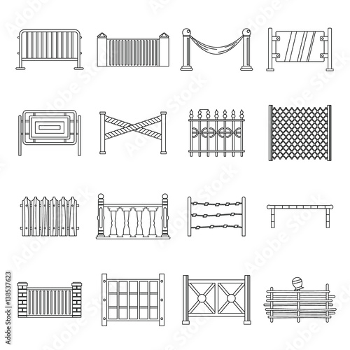 Fencing icons set, outline style