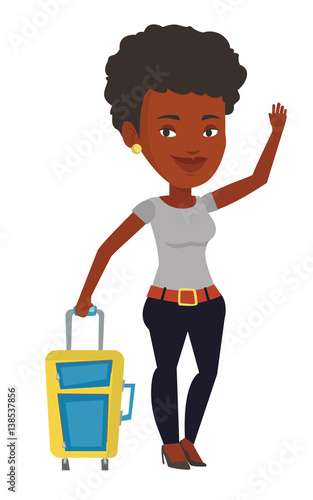 Young woman hitchhiking vector illustration.