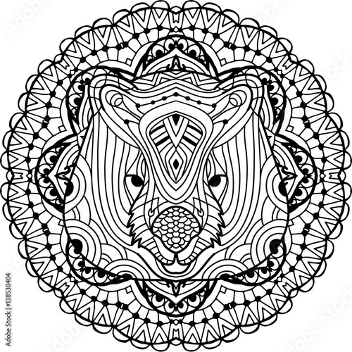 Coloring page for adults. Australian animal. The head of a wombat with patterns. Monochrome ink patterns. Line art. For tattoos and other designs. Zenart