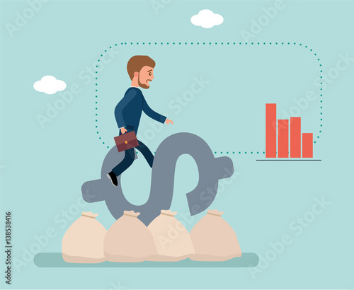 Young businessman sitting on dollar sign, barely held. The businessman is afraid to fall. The dollar sign is on the bags of money. Stock market. Concept flat vector business illustration.