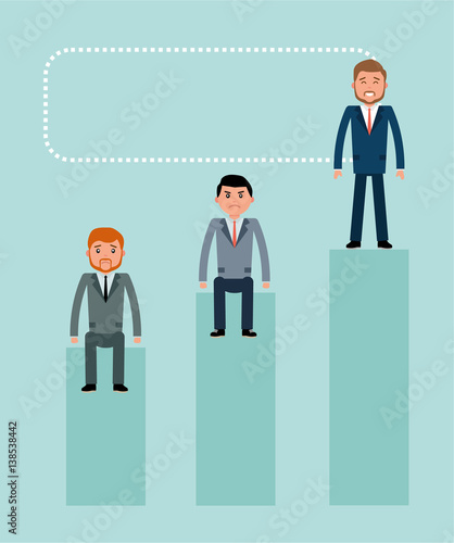 Winner. Young businessman winner standing on the podium, the losers unhappy Concept flat vector business illustration.